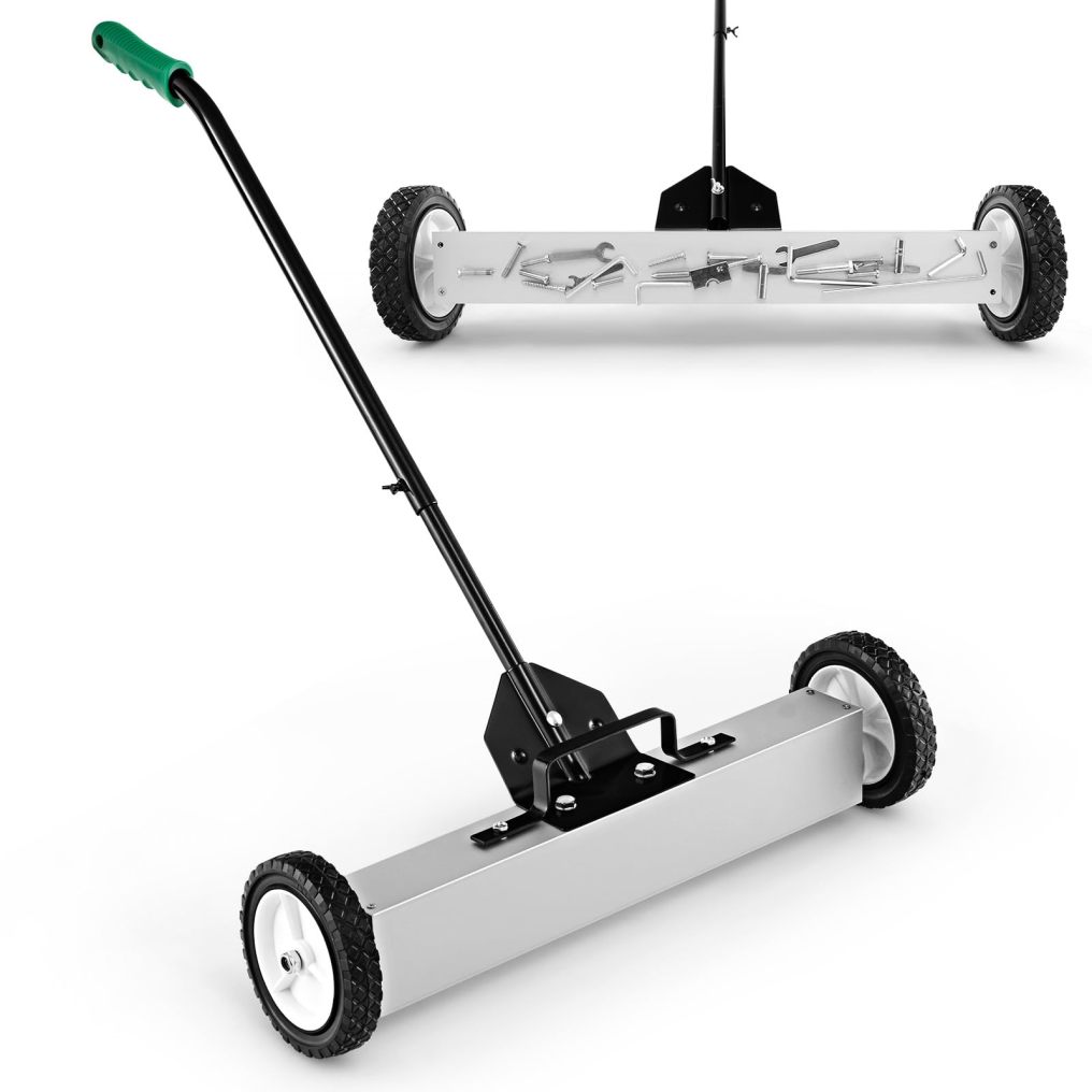Magnetic Sweeper with Wheels Rolling Heavy-Duty Floor Magnet with Telescoping Handle Adjustable Ground Clearance