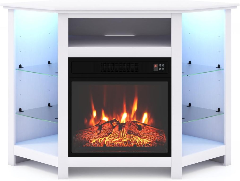Corner Fireplace TV Stand with LED Lights for TVs up to 50”, Modern Entertainment Center with Electric Fireplace