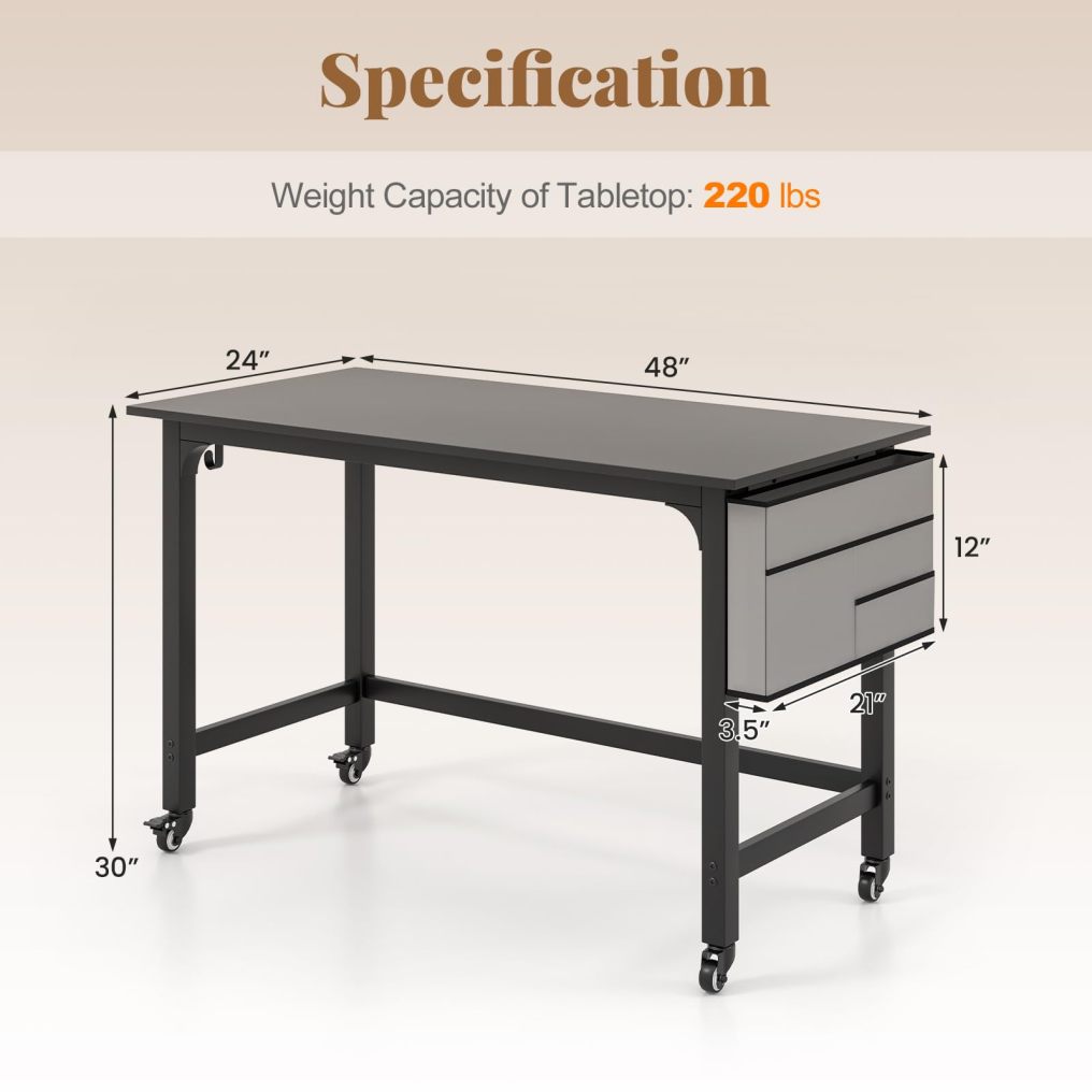48” Mobile Computer Desk Home Office Desk on Wheels