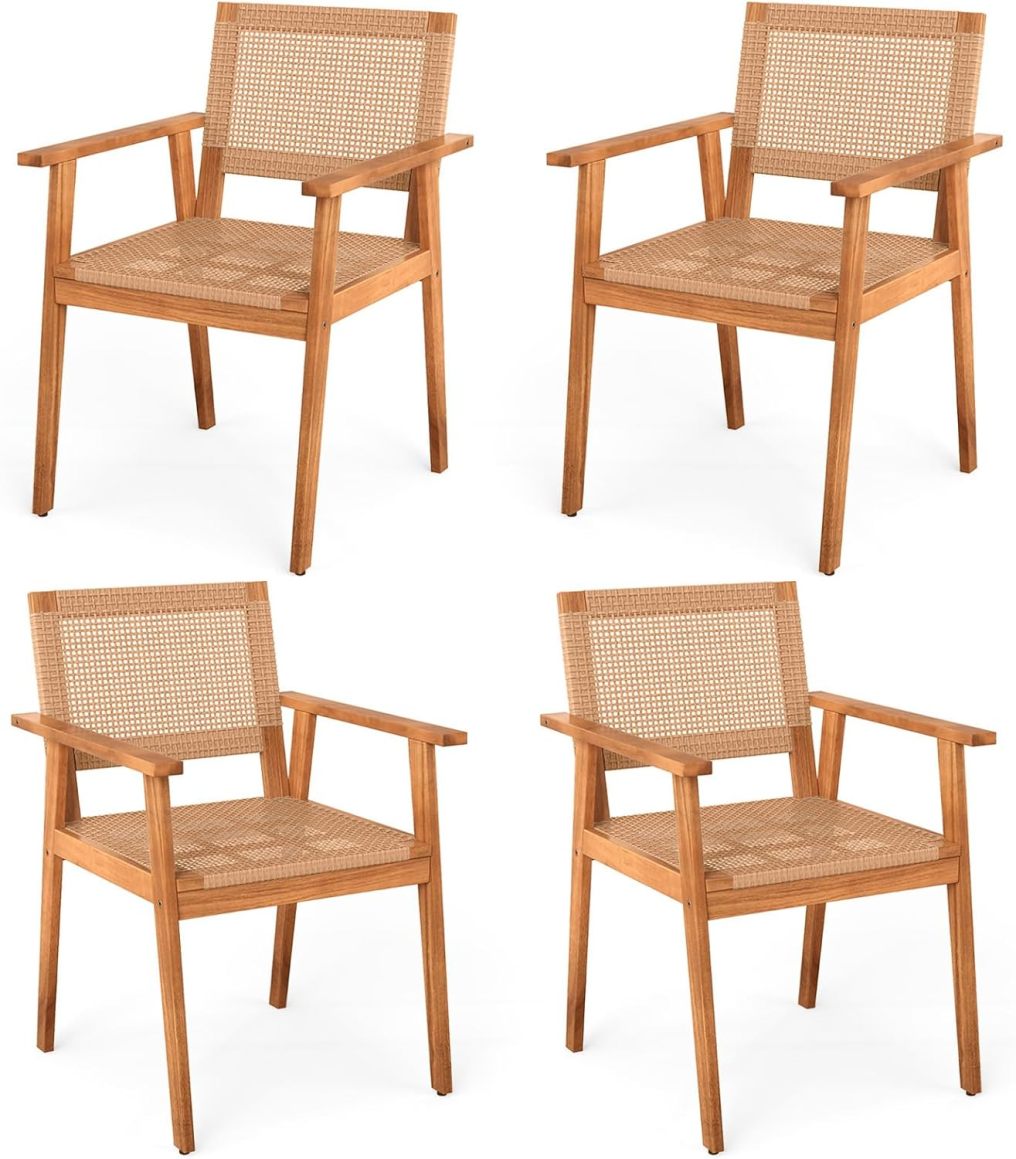 Outdoor Dining Chairs Set of 2/4 | Acacia Wood Patio Chairs with Rattan Back & Seat
