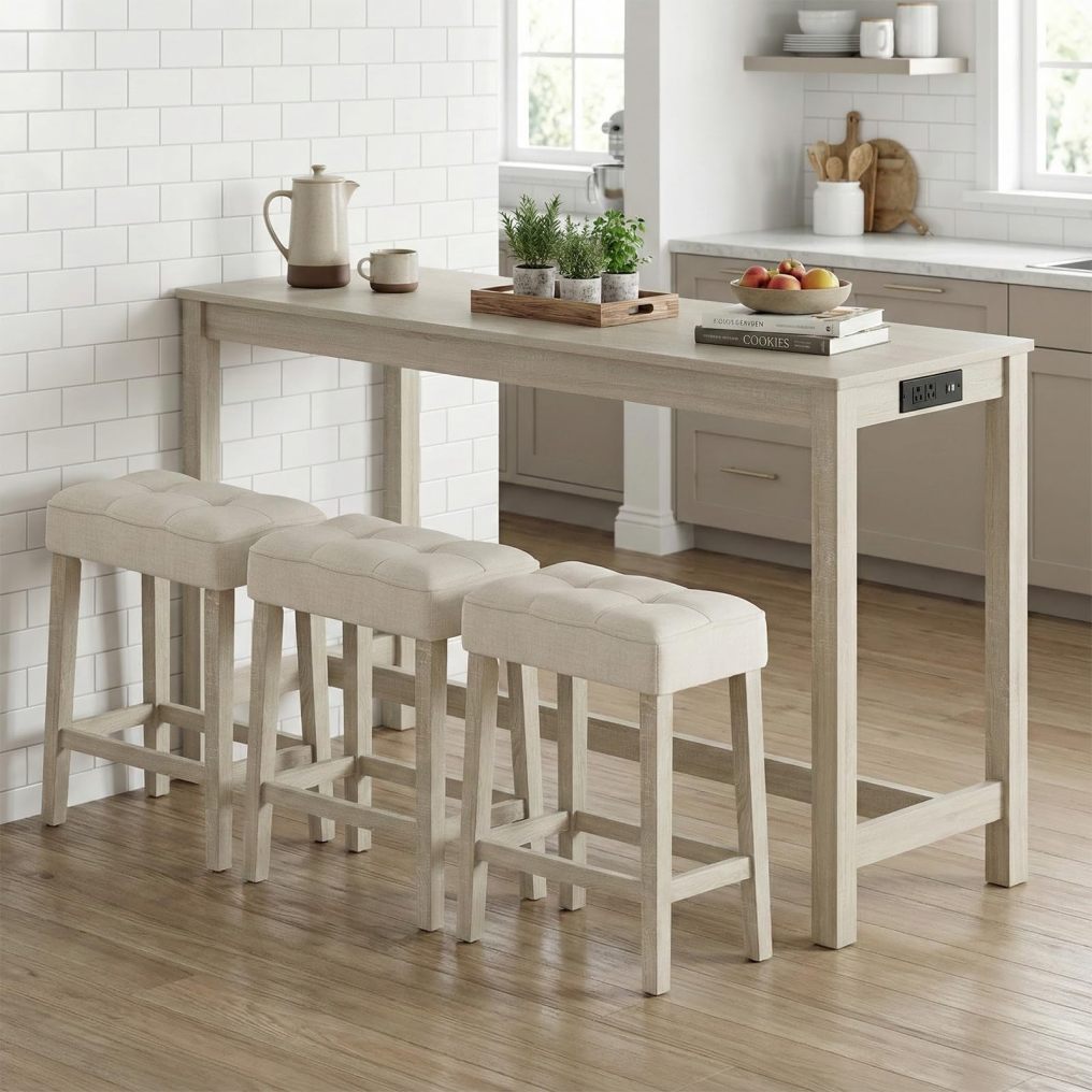 4-Piece Breakfast Nook Bar Set with Built-in Charging Station