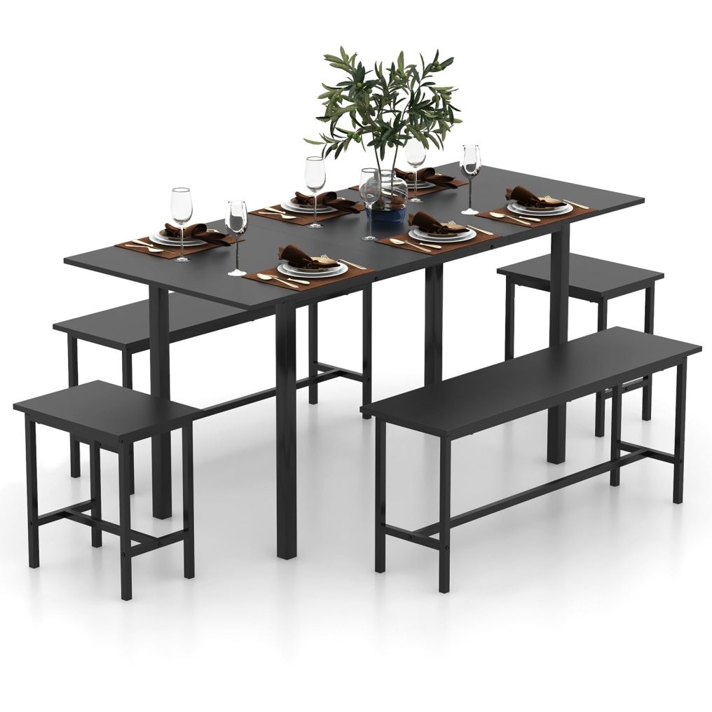 Extendable Dining Table Set for 4-6 with 2 Benches and 2 Square Stools