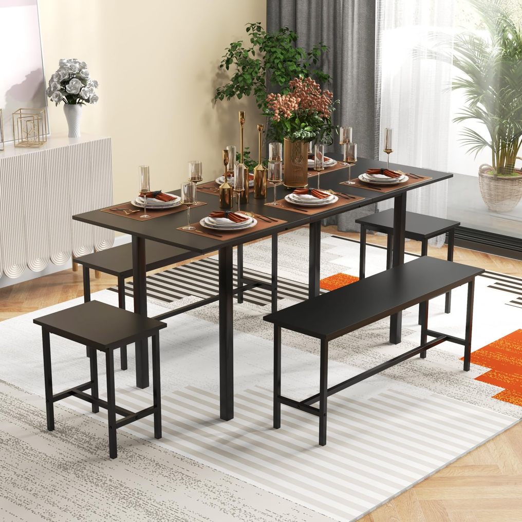 Extendable Dining Table Set for 4-6 with 2 Benches and 2 Square Stools