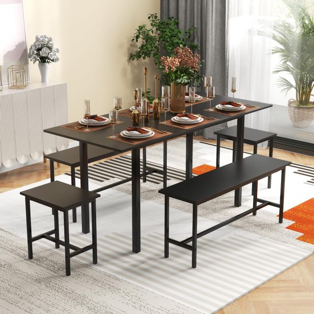 Extendable Dining Table Set for 4-6 with 2 Benches and 2 Square Stools