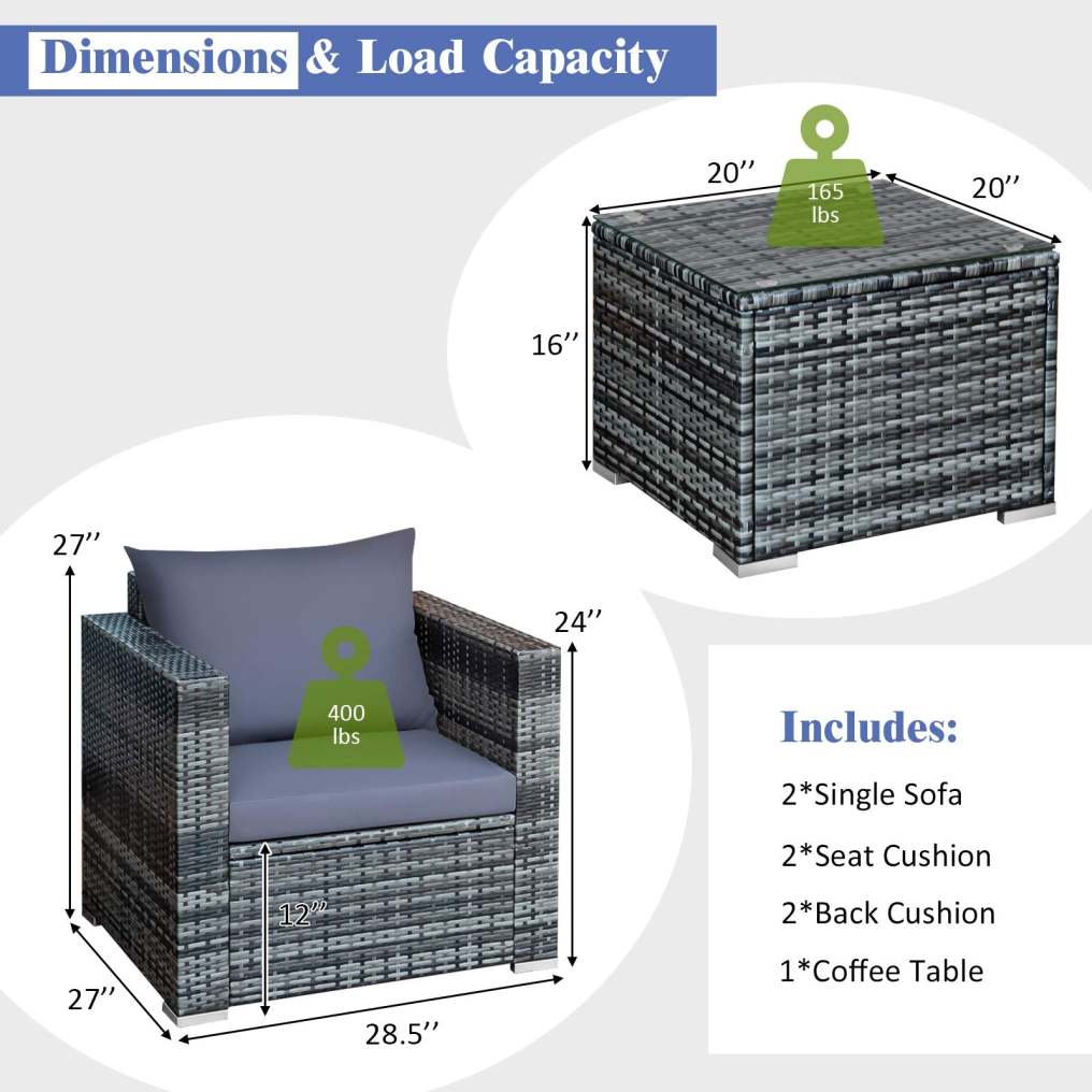 3-Piece Patio Furniture Set Outdoor Wicker Rattan Sofa