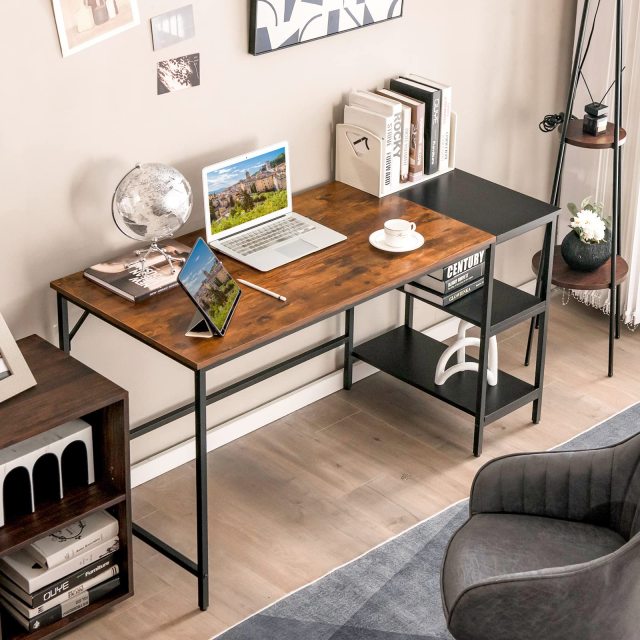 55 Inch Modern Industrial Style Study Writing Desk with 2 Storage Shelves