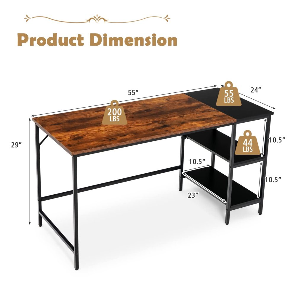 55 Inch Modern Industrial Style Study Writing Desk with 2 Storage Shelves