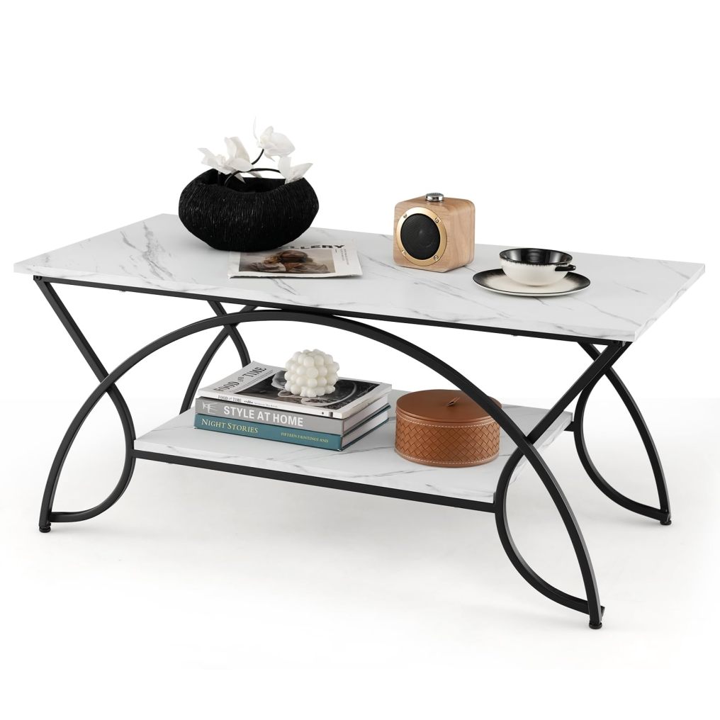 Marble Coffee Table 2-Tier Modern Faux Marble Accent Table with Storage