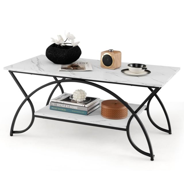 Marble Coffee Table 2-Tier Modern Faux Marble Accent Table with Storage