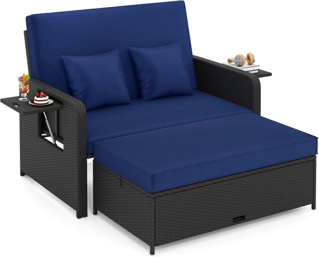 Patio Rattan Daybed with Cushions | Outdoor Wicker Loveseat Sofa with Storage Ottoman
