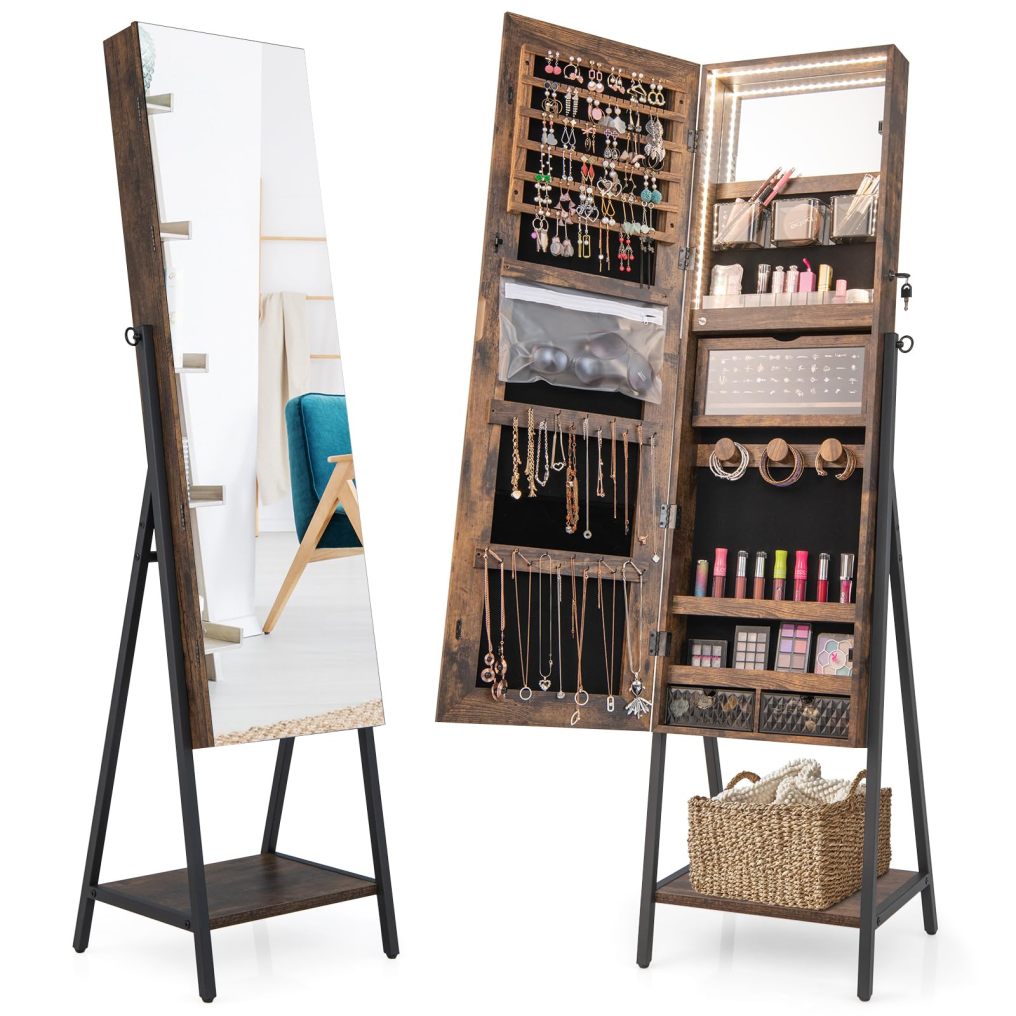 LED Full Length Mirror Jewelry Cabinet Standing Jewelry Organizer Box with 3-Color Lights