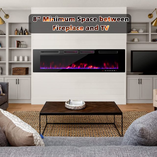 72 Inch Wide Electric Fireplace with Adjustable Flame Color & Speed