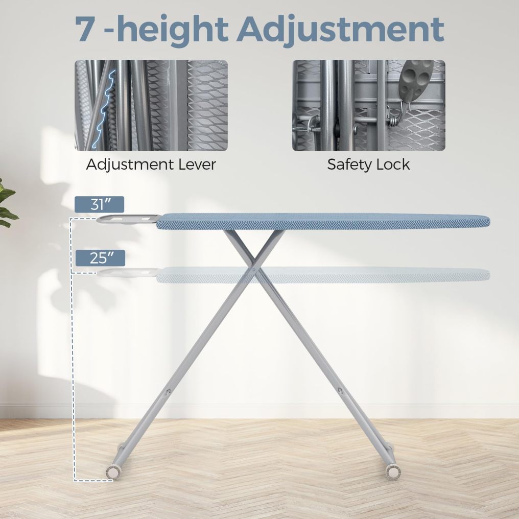 Foldable Ironing Board 57" x 16.5" Heavy-Duty Ironing Stand w/ 7 Adjustable Heights