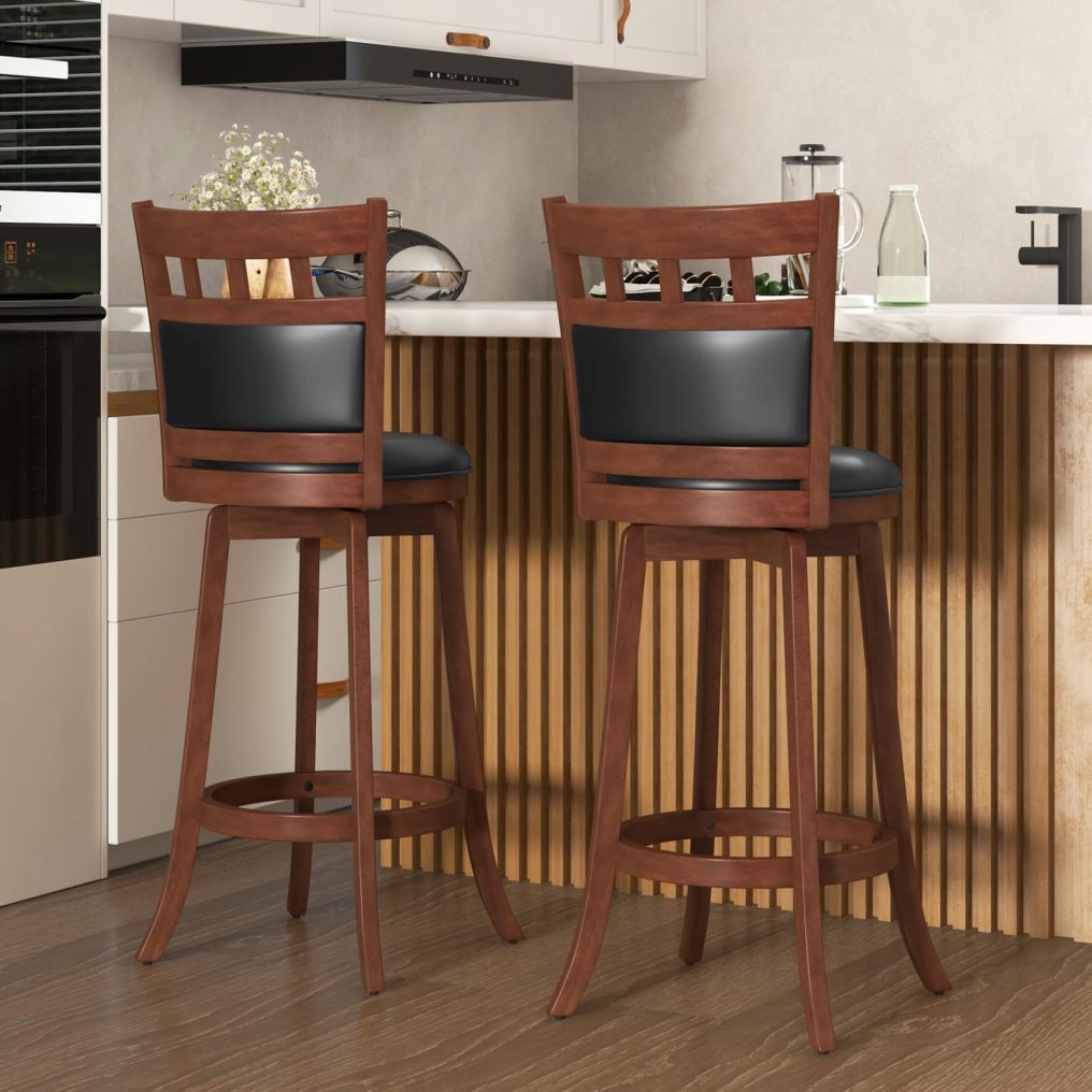 Wood Swivel Bar Height Chairs with Faux Leather Upholstered Seat & Back
