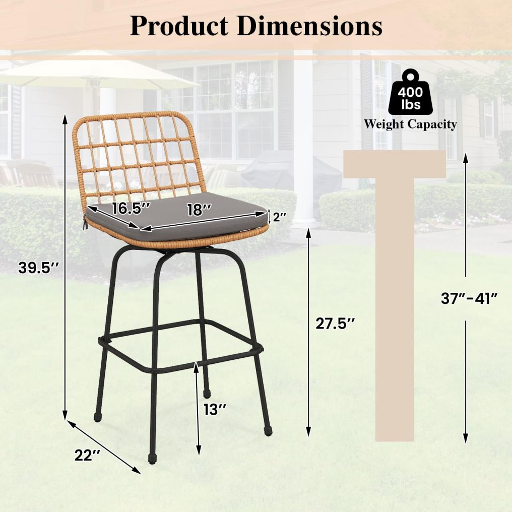 Patio 360° Swivel Bar Stools PE Rattan Bar Chairs with Backrests & Footrests