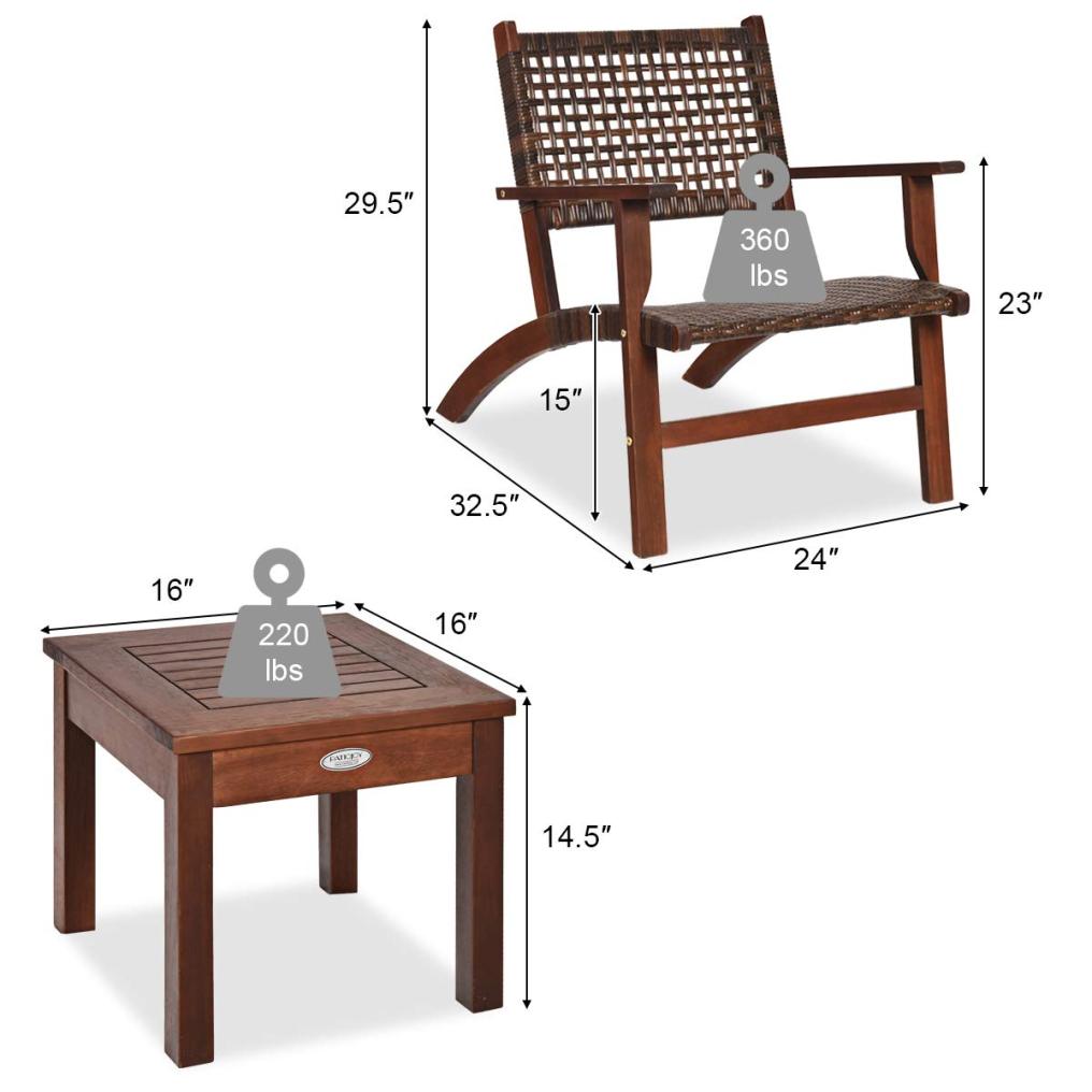 3 Pieces Patio Rattan Furniture Set with Wood Frame Chair