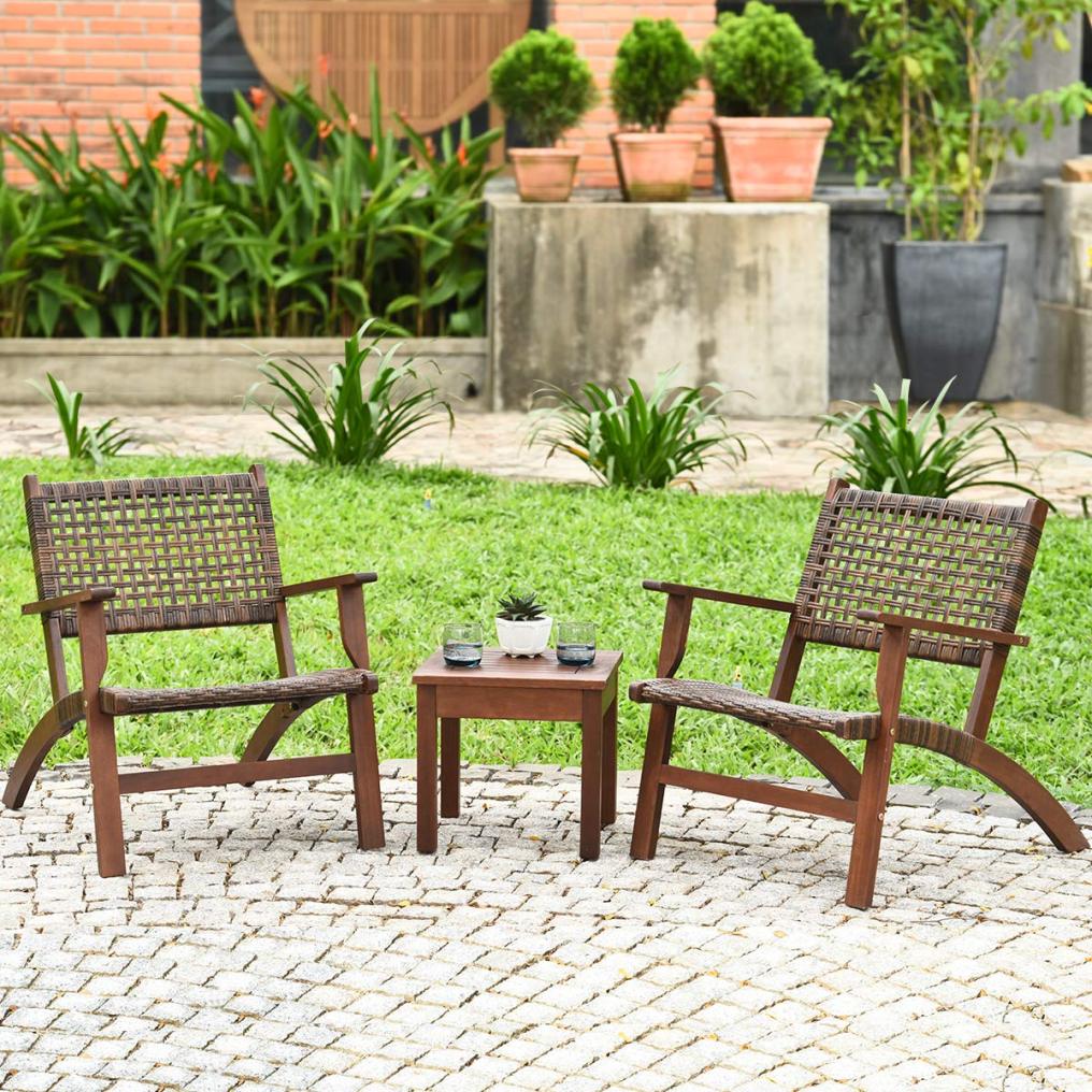 3 Pieces Patio Rattan Furniture Set with Wood Frame Chair
