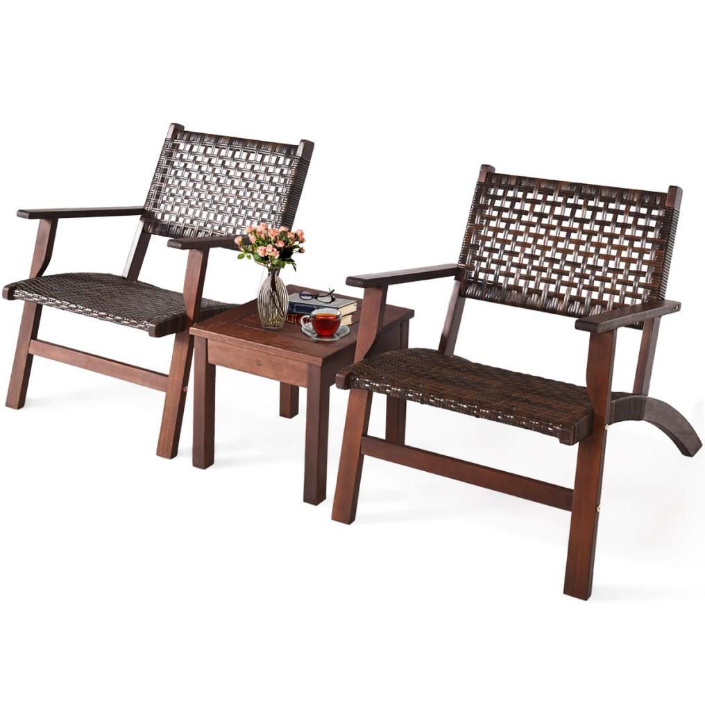 3 Pieces Patio Rattan Furniture Set with Wood Frame Chair