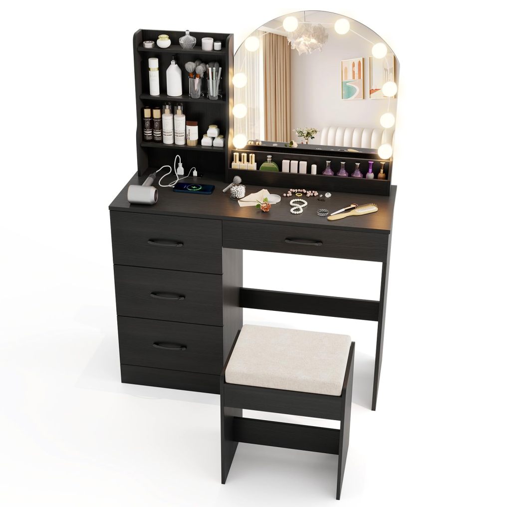 Dressing Table with Charging Station Bedroom Makeup Vanity Set for Girl