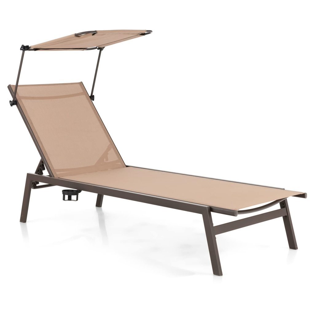 Outdoor Chaise Lounge Chair with Sunshade 6-Level Adjustable Recliner Backyard