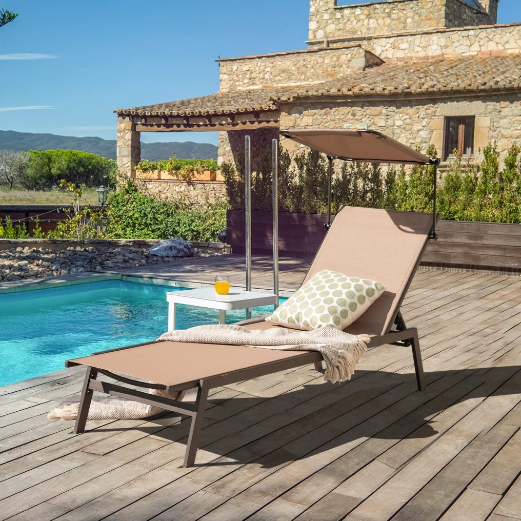 Outdoor Chaise Lounge Chair with Sunshade 6-Level Adjustable Recliner Backyard