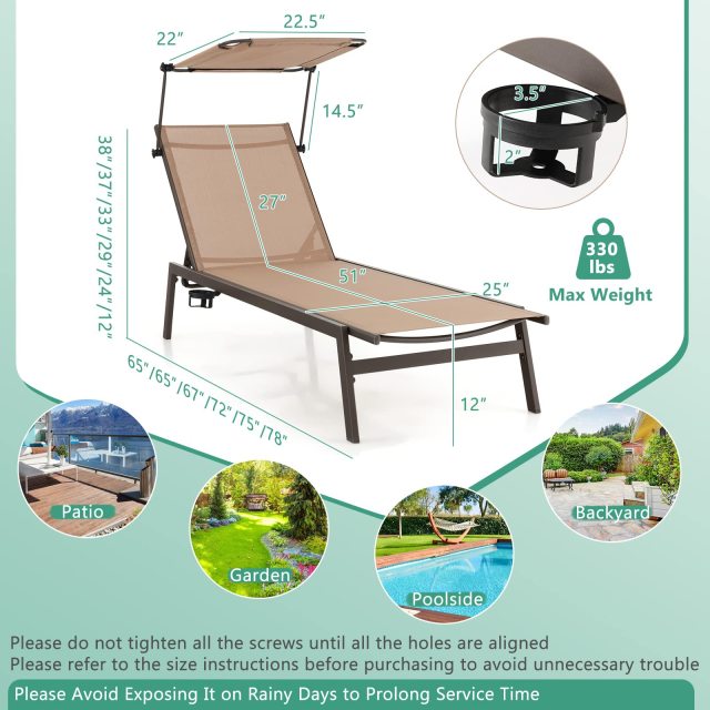 Outdoor Chaise Lounge Chair with Sunshade 6-Level Adjustable Recliner Backyard