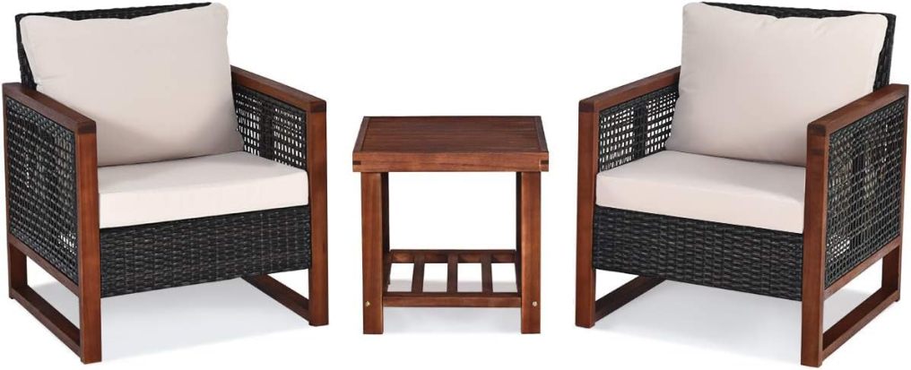 3 Pieces Wicker Patio Furniture Set with Acacia Wood Frame