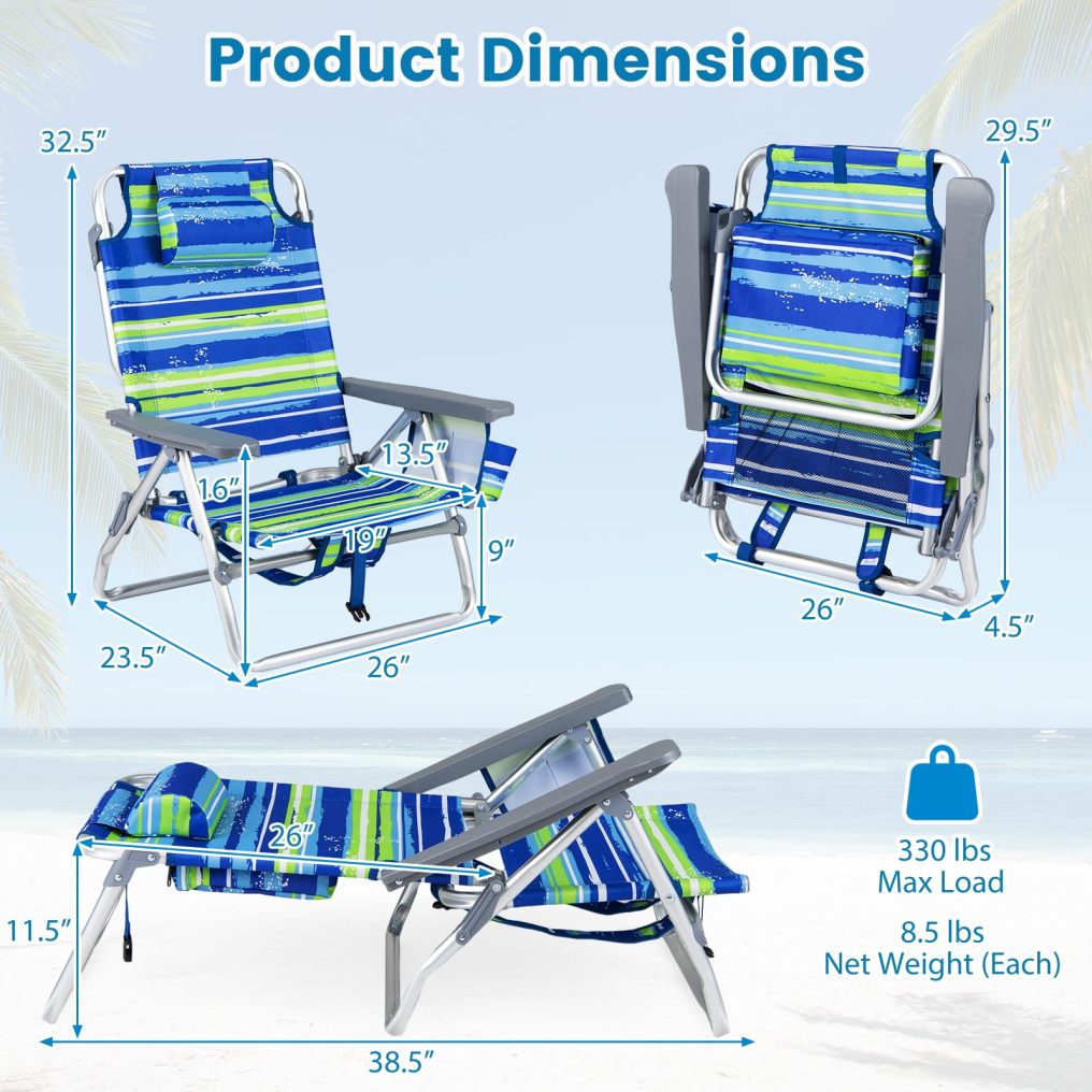 Portable Folding Backpack Beach Chairs Set of 2 with 5-Position Backrest