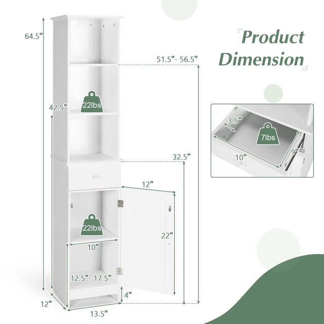 Tall Bathroom Storage Cabinet with 2 Adjustable Shelves