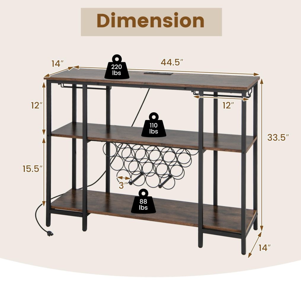Wine Bar Cabinet 3-Tier Home Mini Bar for Liquor w/Power Outlets