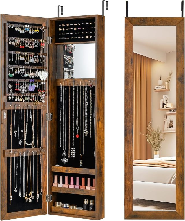 Full Length Mirror Jewelry Cabinet Wall Door Mounted Jewelry Organizer