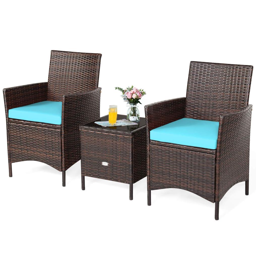 3 Pieces Patio Rattan Furniture Set with Tempered Glass Tabletop