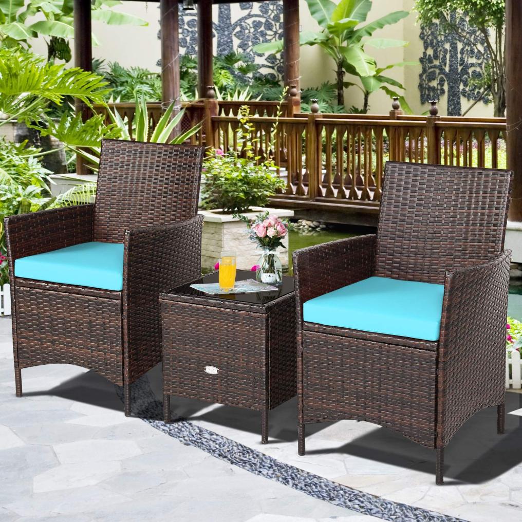 3 Pieces Patio Rattan Furniture Set with Tempered Glass Tabletop