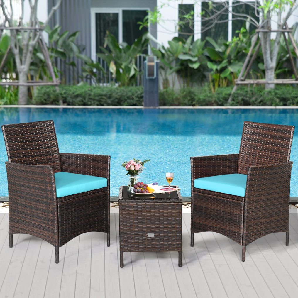 3 Pieces Patio Rattan Furniture Set with Tempered Glass Tabletop