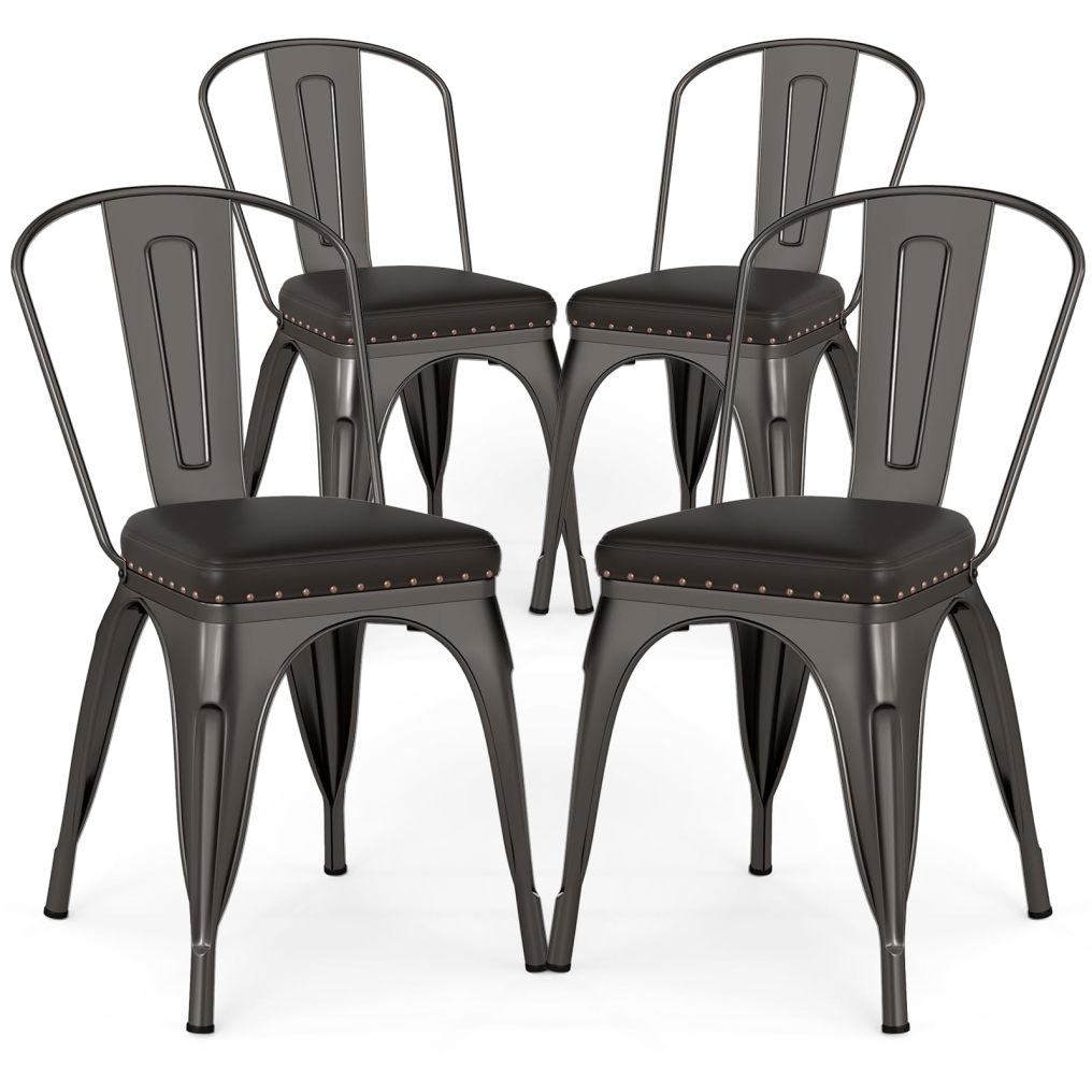 18.5 Inch Stackable Industrial Kitchen Tolix Side Chairs with PU Leather Cushions and Detachable High Back for Dining Room