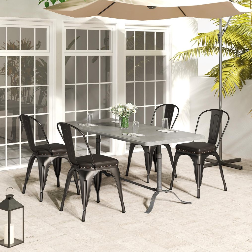18.5 Inch Stackable Industrial Kitchen Tolix Side Chairs with PU Leather Cushions and Detachable High Back for Dining Room