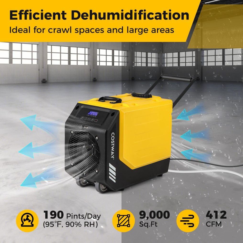 190 PPD Commercial Dehumidifier with Pump Rotational Molded Industrial Dehumidifier with Wheels & Drain Hose