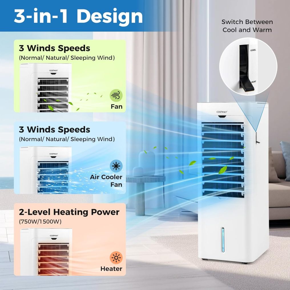 Evaporative Air Cooler and Heater with 3 Modes 3 Speeds and 2 Ice Boxes-White