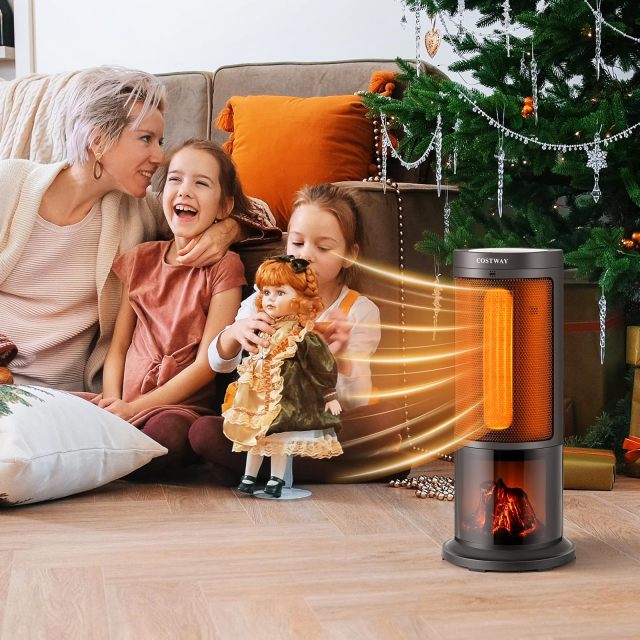 Indoor Space Heater with 3D Realistic Flame Portable 17-inch Height Tower Electric Heater