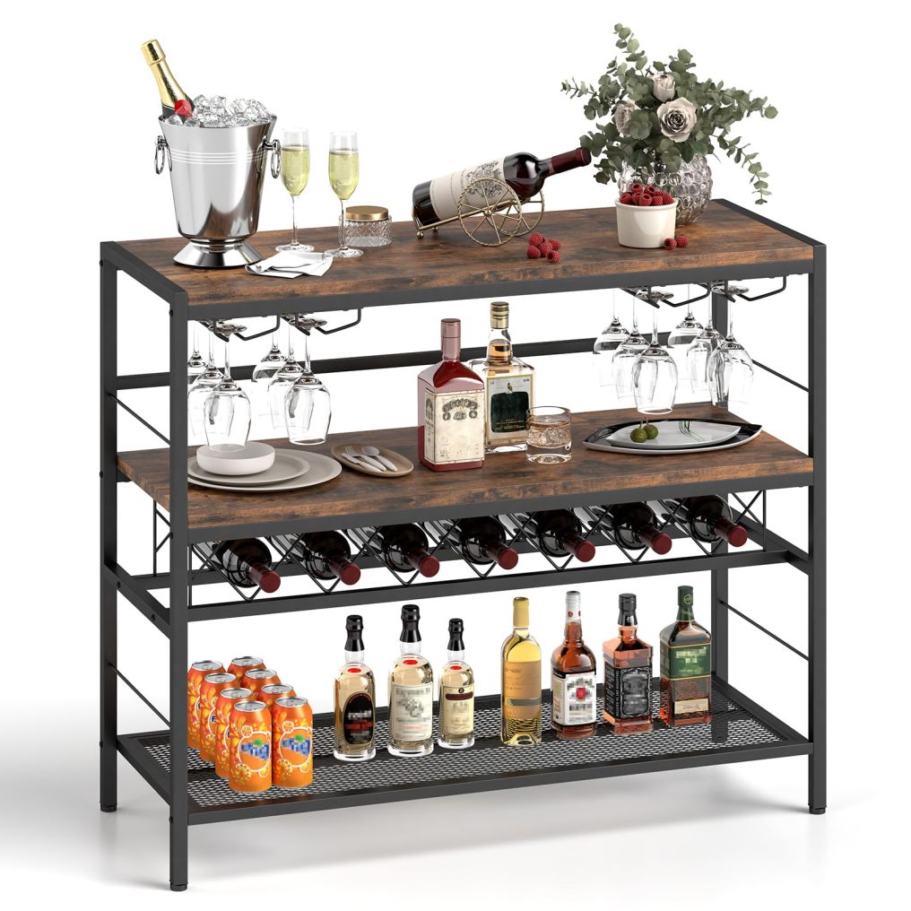 41” Wine Rack Table Freestanding Wine Bar Table with 4 Glass Holders