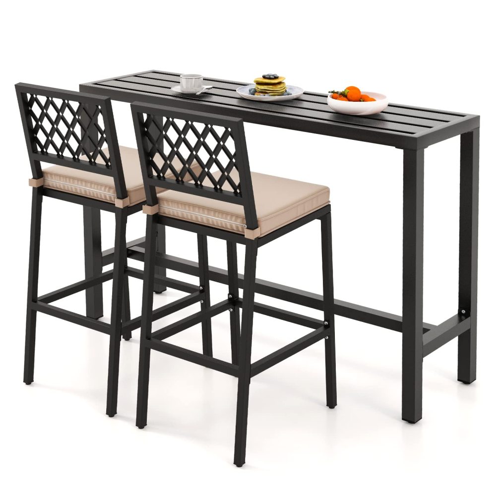 3 Piece Outdoor Bar Table and Chairs Set 48"/55" Pub Height Bar Table & 2 Bar Stools with Rhombus Backrest