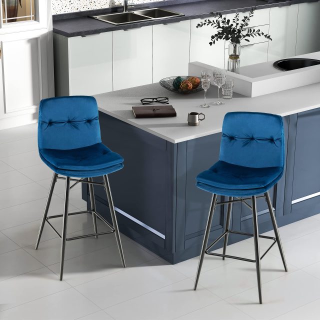 Velvet Bar Stools with Tufted Back Metal Footrests and Legs Modern Upholstered High Bar Chairs