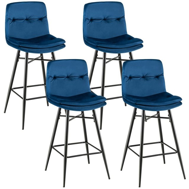 Velvet Bar Stools with Tufted Back Metal Footrests and Legs Modern Upholstered High Bar Chairs