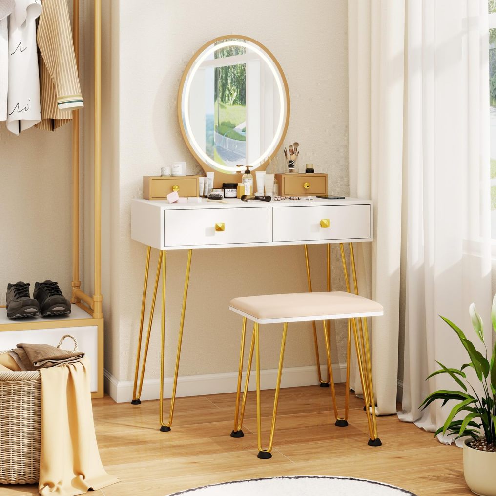 Vanity Desk Set with Mirror and Lights for Women Girls