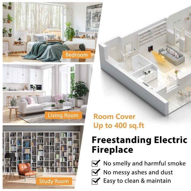 Electric Fireplace Heater Freestanding, 1400W Compact Fireplace Stove w/Realistic Flame Effect