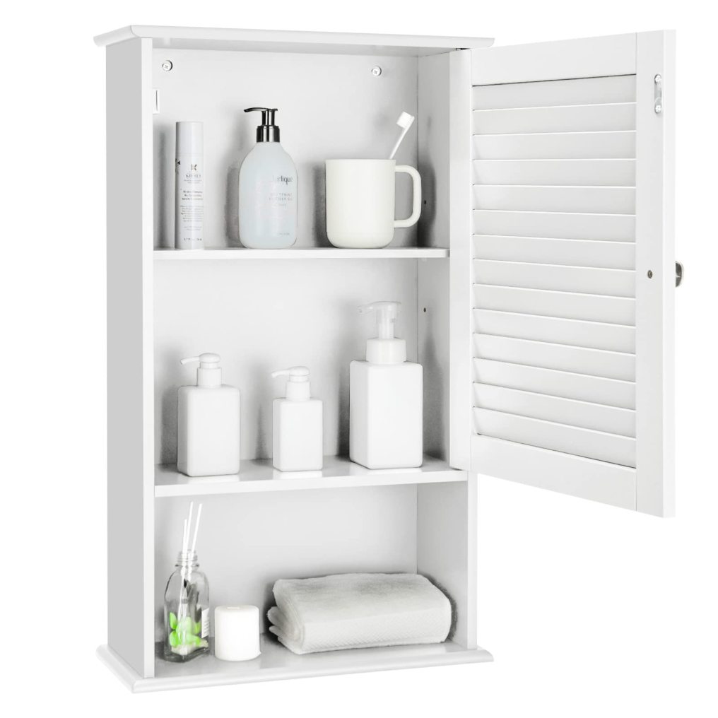 Bathroom Wall Cabinet Large Capacity Storage Cupboard Cabinet w/Single Louver Door & Height Adjustable Shelf