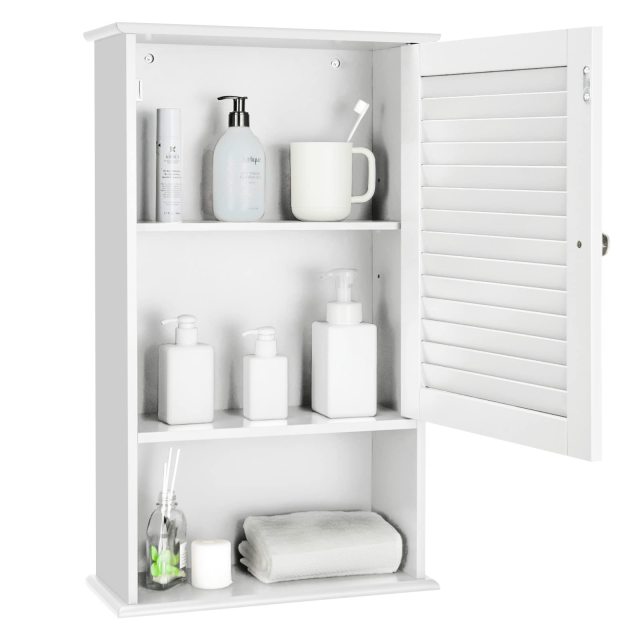 Bathroom Wall Cabinet Large Capacity Storage Cupboard Cabinet w/Single Louver Door & Height Adjustable Shelf