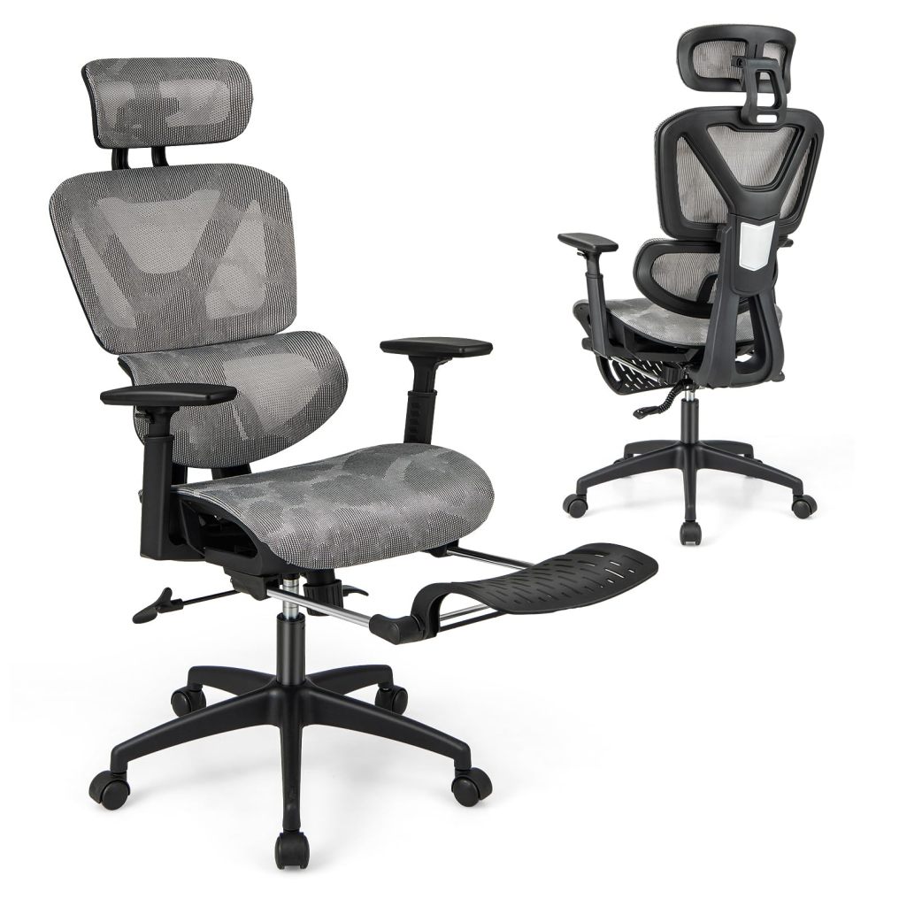 Ergonomic Office Chair w/Retractable Footrest Height Adjustable Task Chair w/ 2D Headrest & 3D Armrests