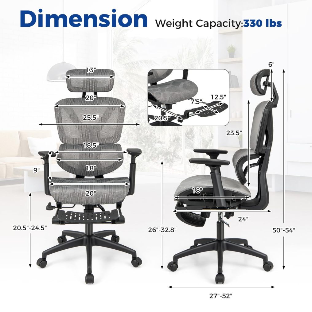 Ergonomic Office Chair w/Retractable Footrest Height Adjustable Task Chair w/ 2D Headrest & 3D Armrests
