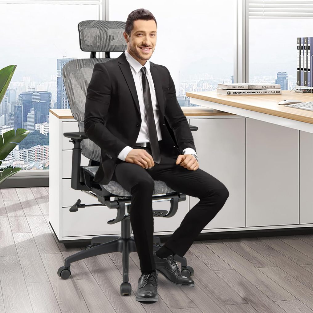Ergonomic Office Chair w/Retractable Footrest Height Adjustable Task Chair w/ 2D Headrest & 3D Armrests